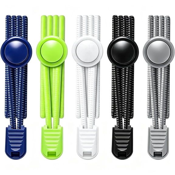 Hakimiyad 5-Pairs No Tie Elastic Shoelaces, Bungee Cord Laces with Lock for Running, Walking, Work Shoes, Adults & Kids - One Size Fits Most (Black, Green, Navy, White, Grey)