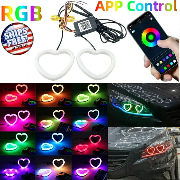 Heart APP Control Car RGB LED Angel Eyes Halo Rings Headlight DRL Light Retrofit