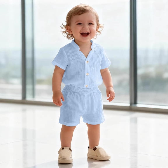 Boys Mandarin Collar Cotton Shorts Set – Versatile Summer Outfit for Toddlers in Sizes 0-3 Years, Cute Button Down Top and Pants for Daily Play and Family Outings