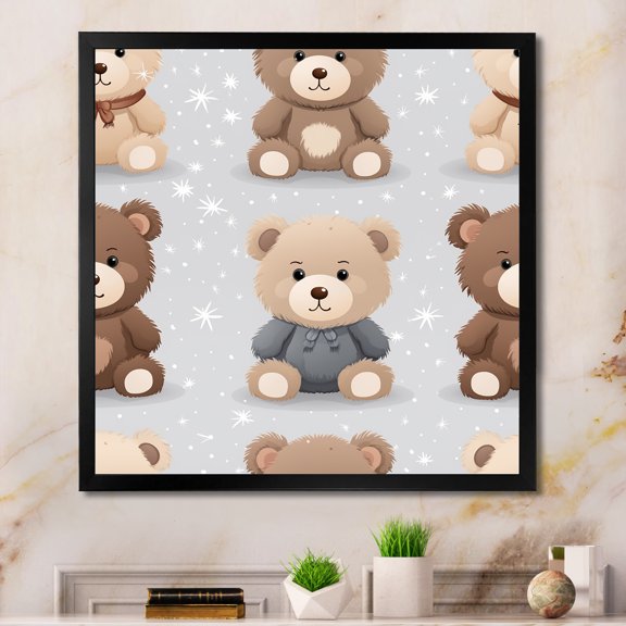 Designart "Brown and Grey Teddy Bear Nursery" Animals Framed Wall Art Decor - Modern Brown Bear Hallway Framed Wall Art Decor