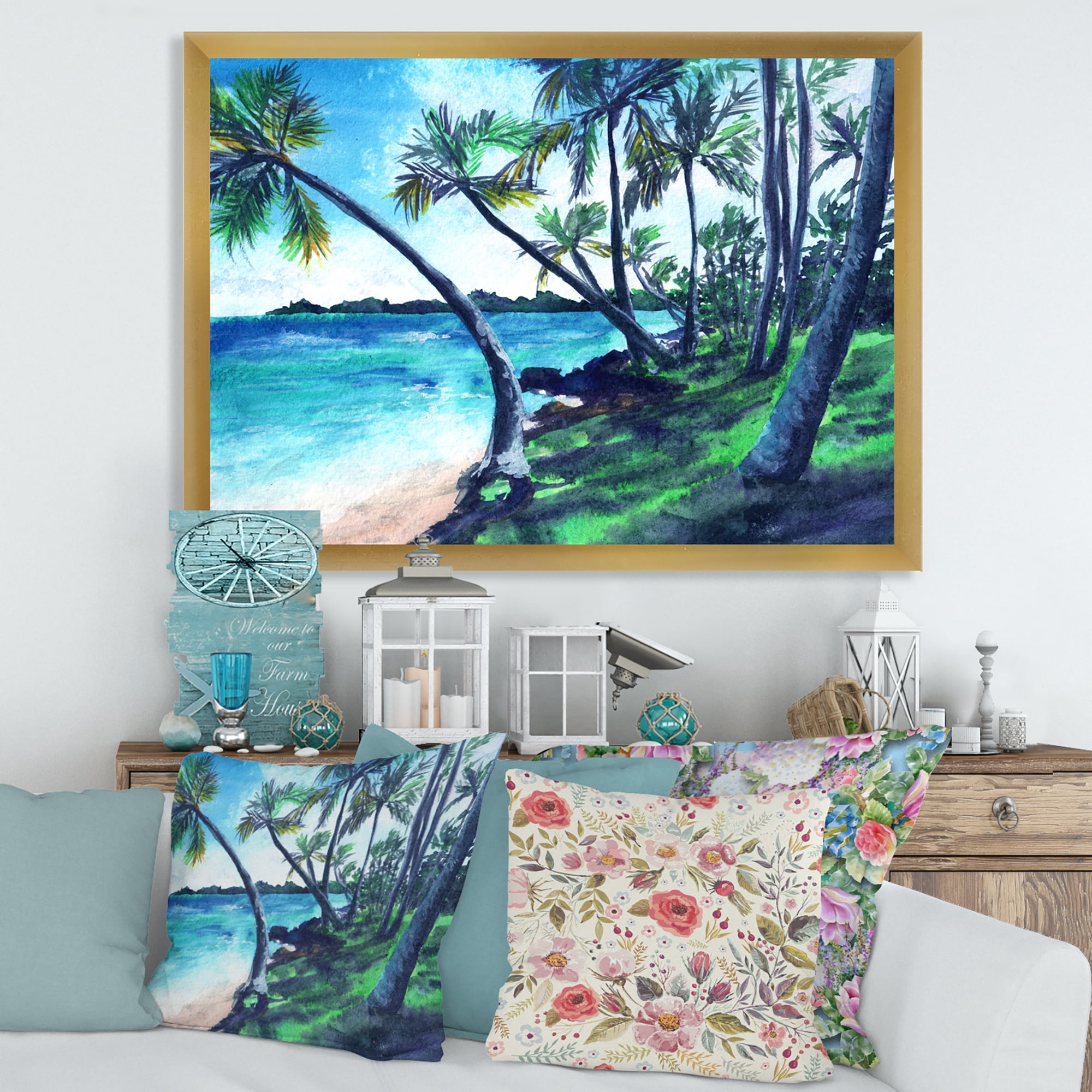 Designart 'Tropical Beach In Summer Paradise With Palm Trees' Nautical & Coastal Framed Art Print