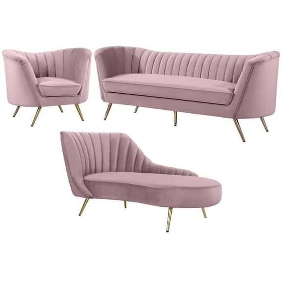 Home Square 3-Piece Set with Velvet Accent Chair Chaise & Sofa in Pink and Gold
