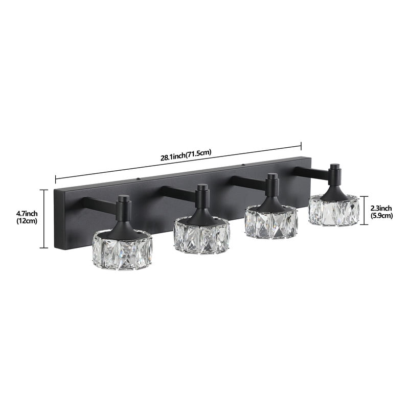 Modern 4-Light Matte Black LED Bathroom Vanity Light Fixture with Crystal Glass Shades, Elegant Lighting for Bathroom, Mirror, Powder Room, Dressing Room, Dimmable