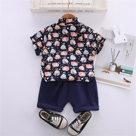 

nsendm Kids Toddler Boy Clothes Short Sleeve Rabbit Printed Lapel Buttons Shirt Pockets Shorts Set Baby Boy Take Home Outfit Childrenscostume Navy 2 Years