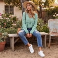 thumbnail image 7 of Retro Fringe Long Sleeve Tshirt for Women Fall Casual V Neck Raw Hem Soft Beach Shirts Army Green S, 7 of 7