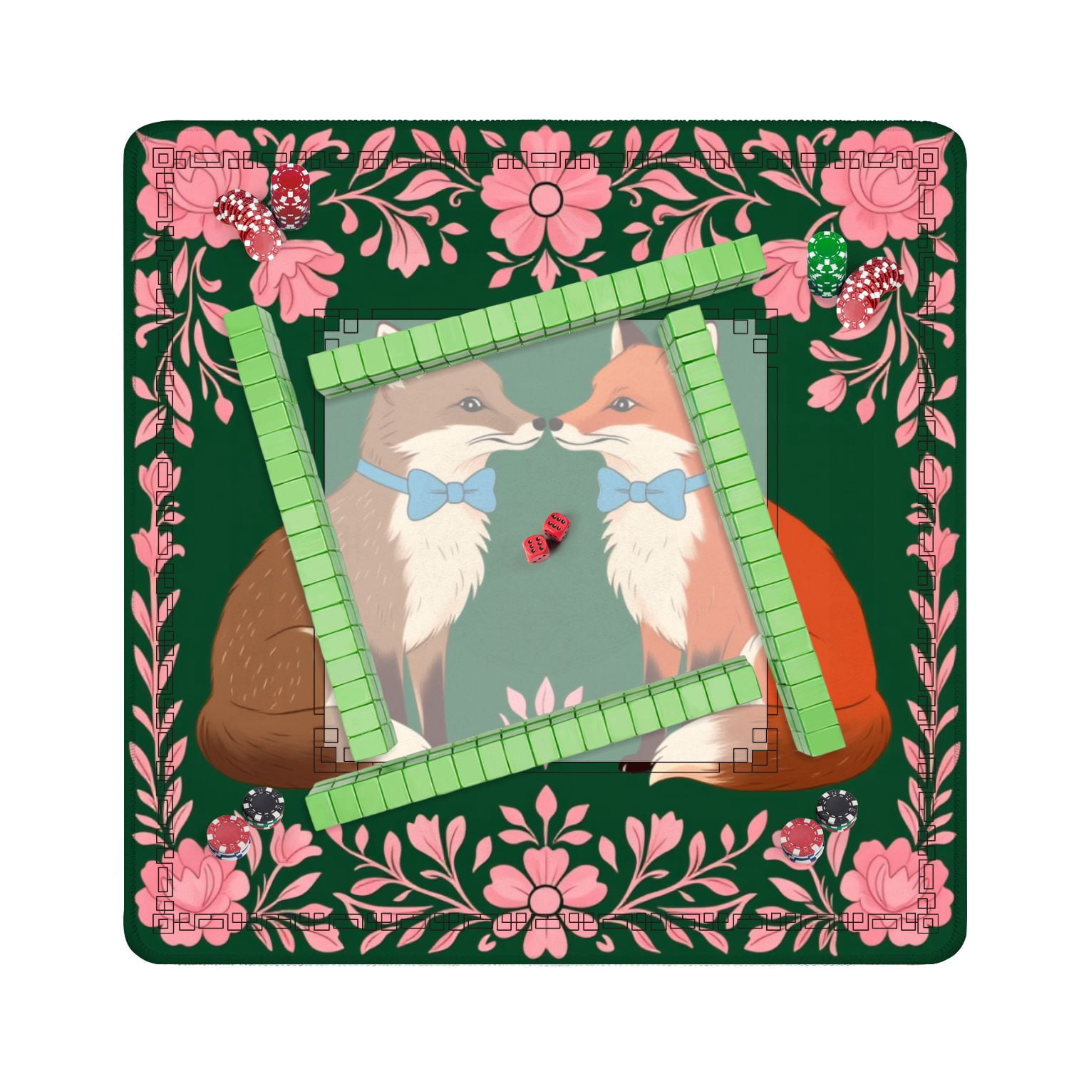 Mahjong Mat 31.5" x 31.5" Cute Fox Pair Blue Bow Ties Surrounded by Pink Floral Border Dark Non-Slip Noise Reduction American Mahjong Tiles Table Cover for Dominoes Poker Card Board Games Gift
