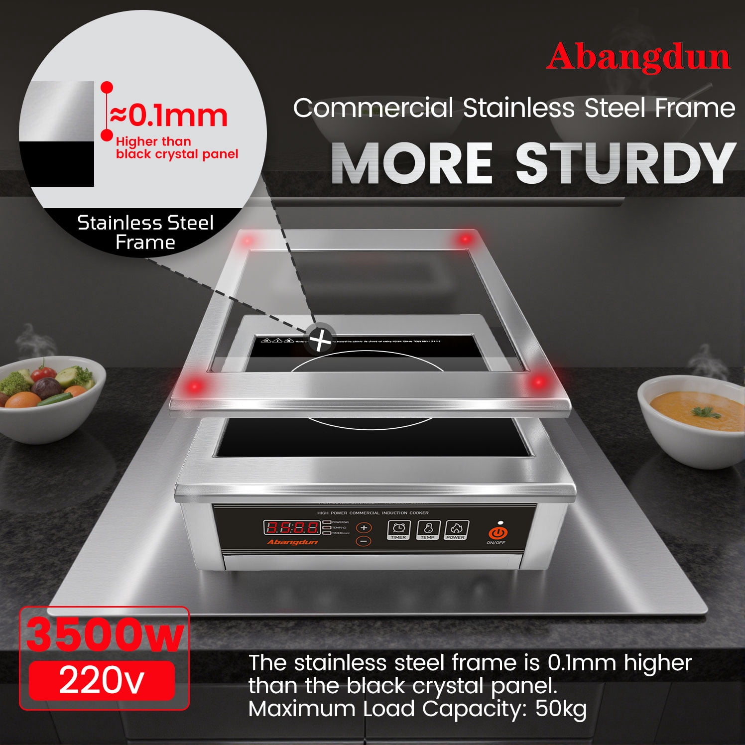 Abangdun 3500W 190V~275V Commercial Induction Cooktop Burner with 18-Hour Timer, High-Efficiency Induction Heater for Restaurant & Catering