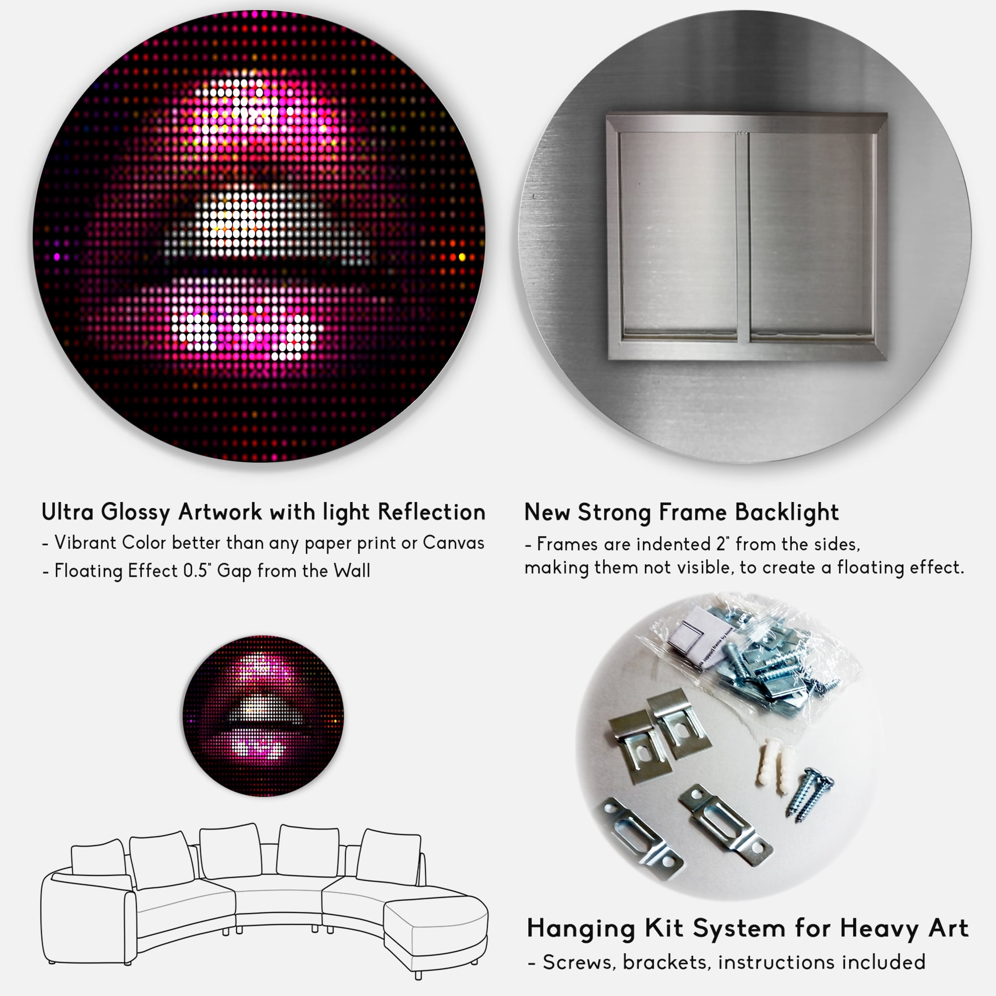 Designart 'Detail Of Pixellated Pink Woman Lips' Modern Circle Metal Wall Art 11x11 - Disc of 11