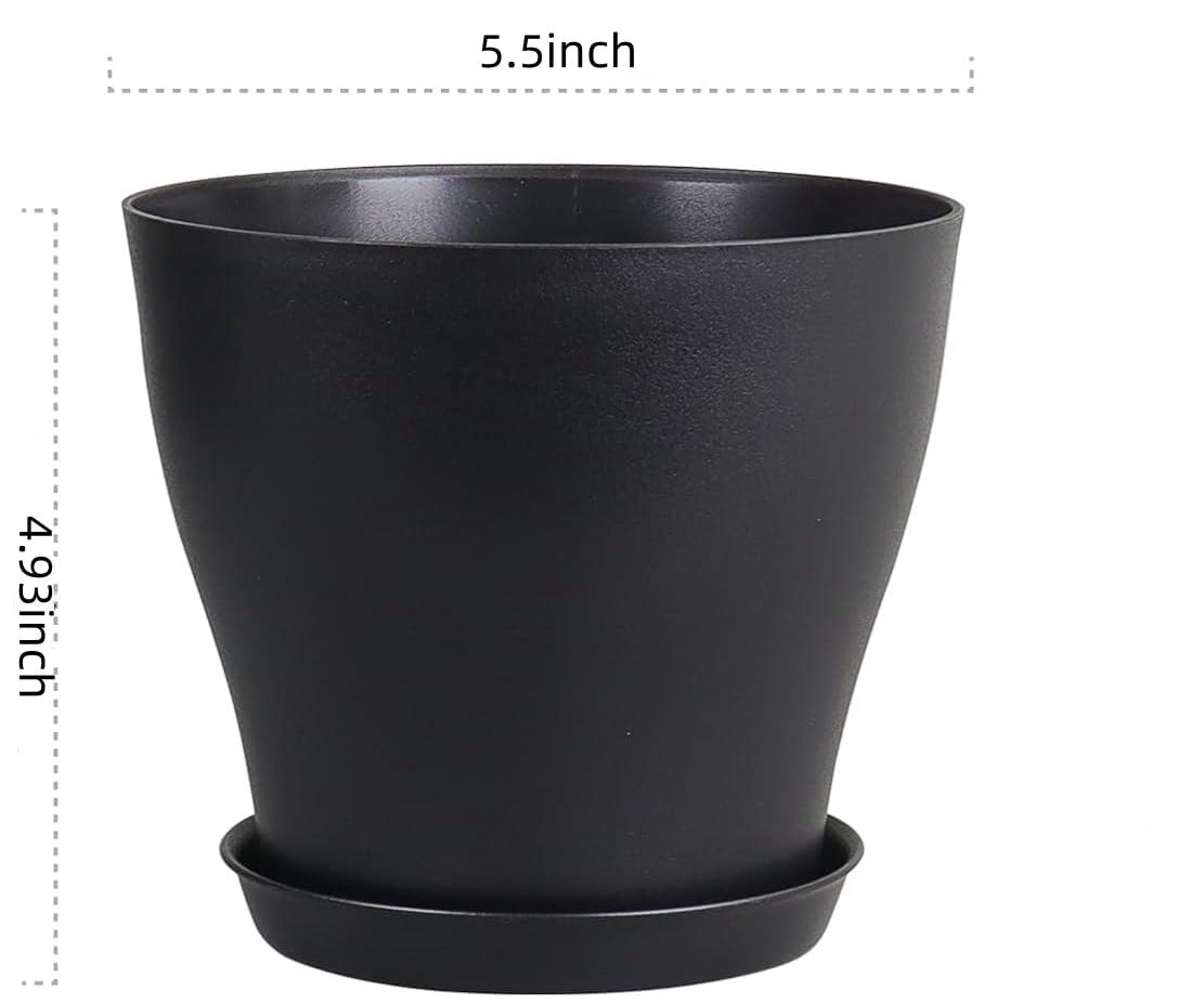 GIXUSIL 8-Pack 5.5inch Plastic Plant Pots with Saucers, Nursery Planters with Drainage Holes for Succulents, Herbs, Flowers, Seedlings - Black