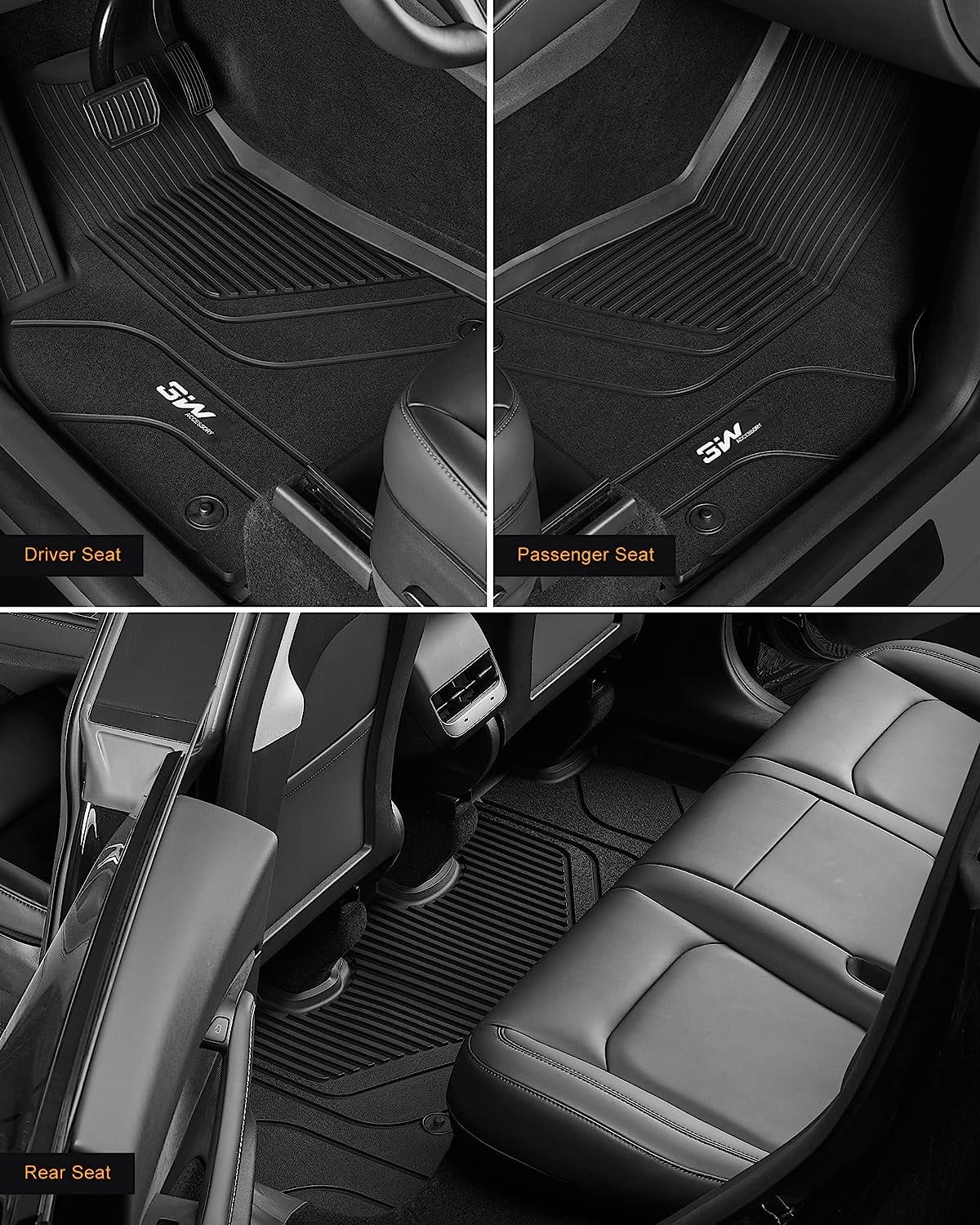 3W Floor Mats for Tesla Model Y 2020-2024, Custom-Fit All Weather Heavy Duty, 6-Piece Black Floor Mats Fits Tesla Model Y