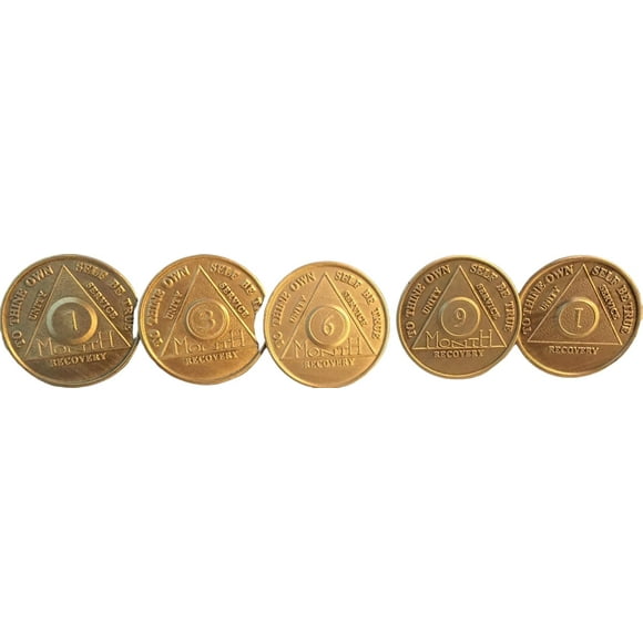 Wendells 1St Year Set Of 5 Aa Medallions - Month 1 3 6 9 And 1 Year All Bronze Alcoholics Anonymous Sobriety Chips