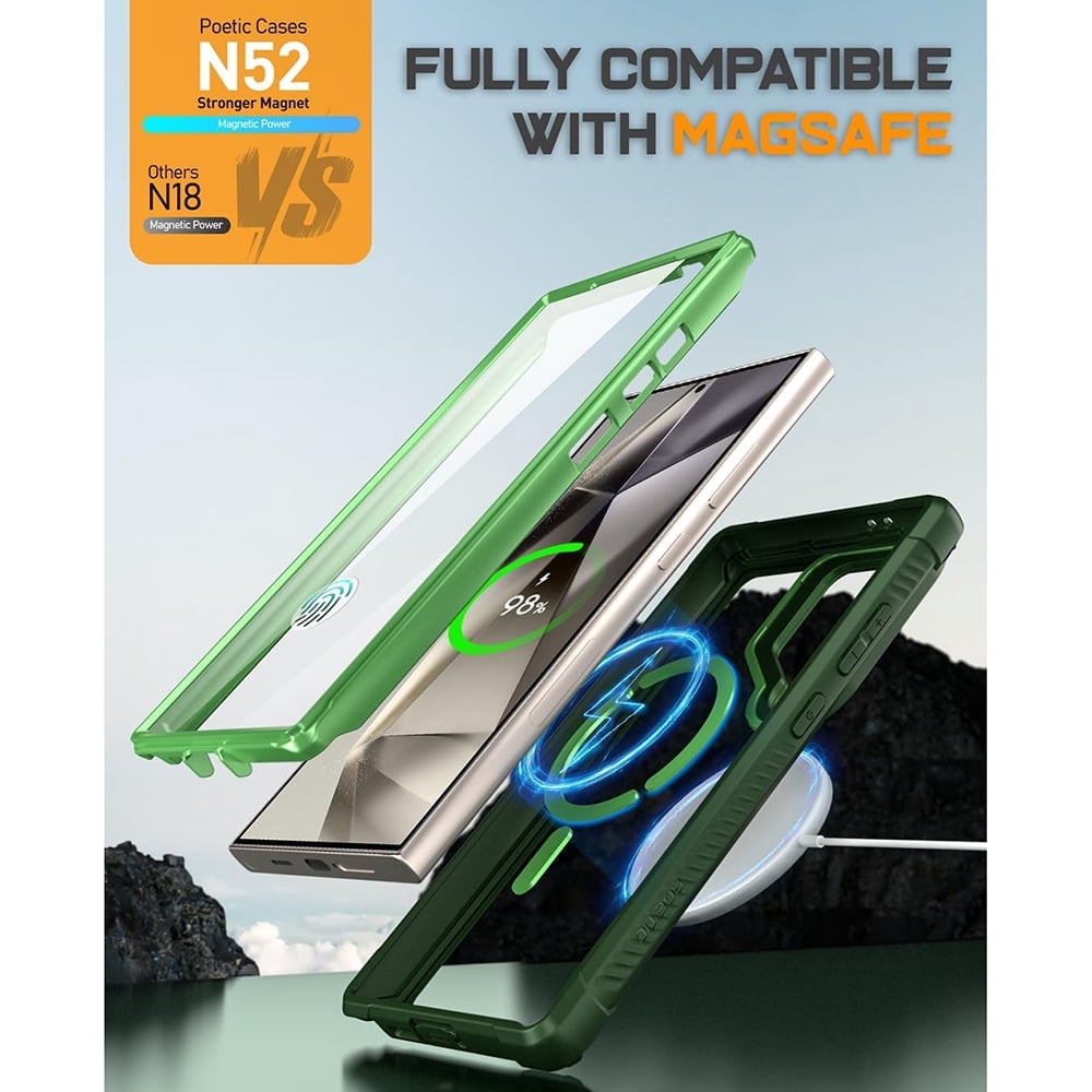 Poetic Guardian Case for Samsung Galaxy S24 Ultra 6.8", [Built-in Camera Stand] [Screen Protector Work with Fingerprint ID] Full Body Shockproof Protective Rugged Clear Cover, Green/Clear