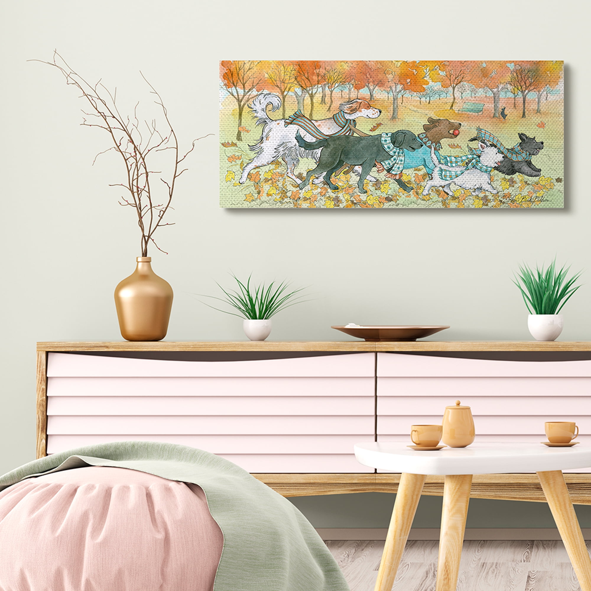 Stupell Industries Dogs Running in Autumn Leaves Fall Animals Animals & Insects Painting Gallery Wrapped Canvas Art Print Wall Art, 17 x 40