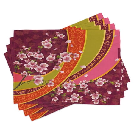 

Flower Placemats Set of 4 Oriental Backdrop Sakura Blossom Japanese Cherry Tree Print Washable Fabric Place Mats for Dining Room Kitchen Table Decor Maroon Pale Pink Green and Orange by Ambesonne
