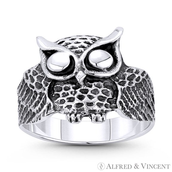 Owl Animal Charm Knowledge & Wisdom Totem Right-Hand Ring in Oxidized .925 Sterling Silver