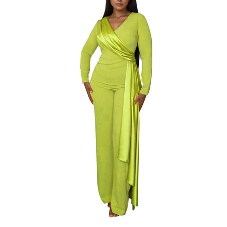 Fsqjgq Jumpsuits for Women Green Bodysuit Boho Bodysuits for Women Solid Color Long Sleeve V Neck Jumpsuit with Flattering Waistline And Slim Fit Maternity Romper S