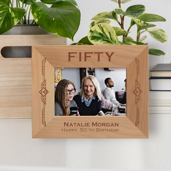 Fifty Happy 50th Birthday Personalized Wooden Frame-5" x 3 1/2" Brown Horizontal
