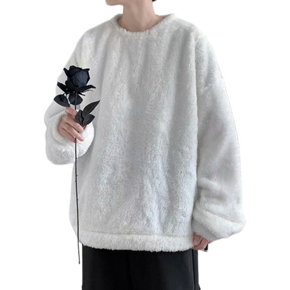 comerut Men Sweatshirt Keep Warm Solid Color Long Sleeves Loose Pullover Plush Thick Soft Comfortable Men Winter Tops for Outdoor