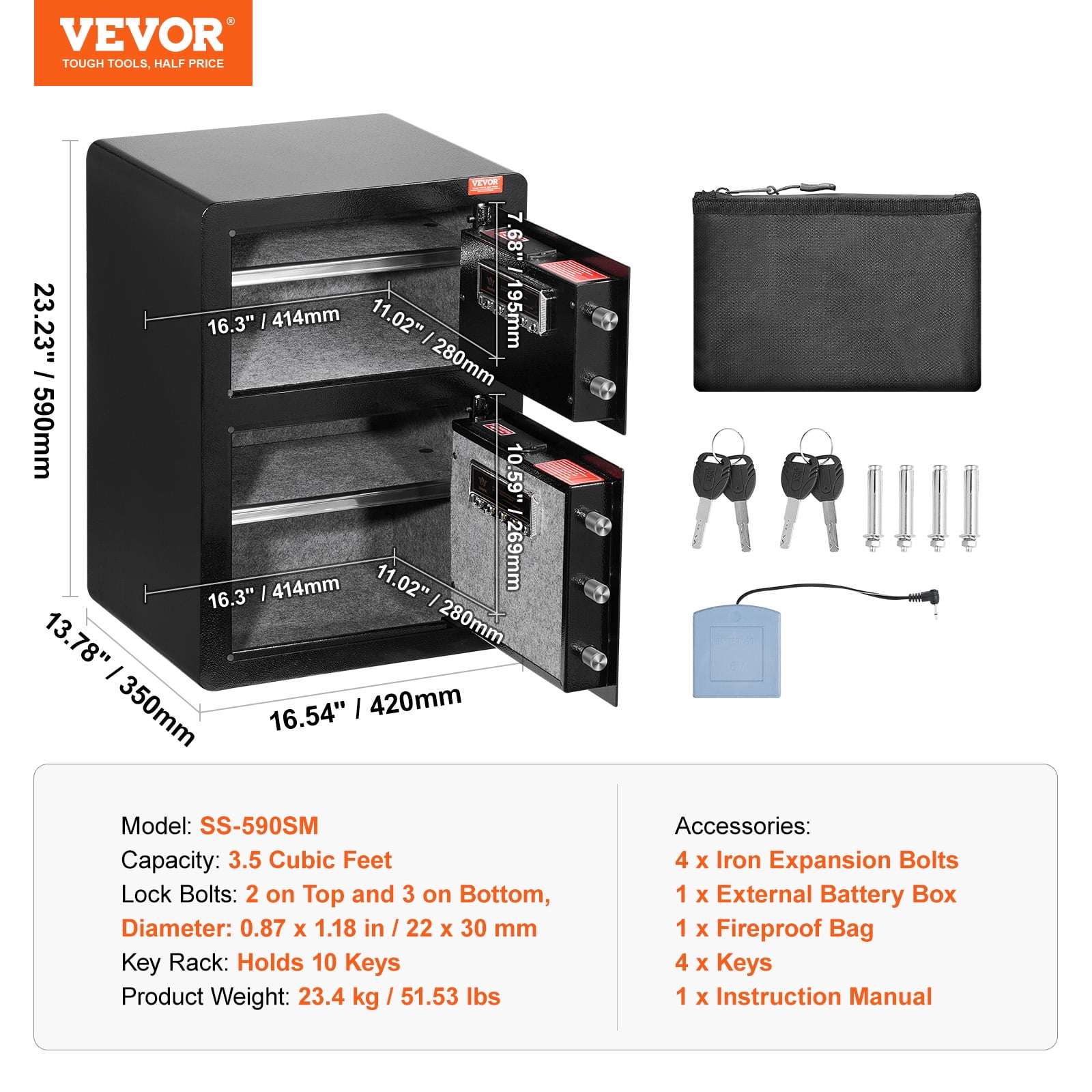 VEVOR Double Doors 3.5 cu.ft Safe Box with Key Lock & Password,Safe Lock Box with Fireproof Bag,Key Rack,LED Light and 2 Height Adjustable and Removable Divider for Money,Jewelry and Valuables,Black