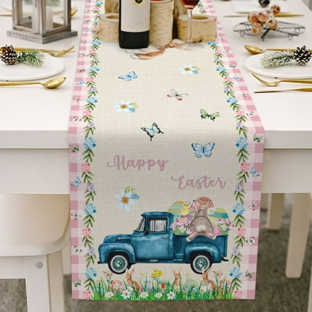 

Easter Bunny Table Runner Dresser Scarves Cute Rabbit Leopard Stripe Spring Floral Decorative Runners for Easter Day Spring Dinner Table Decor Home Kitchen Dining Room Easter Party Supplies