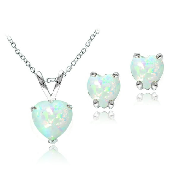 Sterling Silver Created Opal Heart Solitaire Pendant & Stud Earrings Set