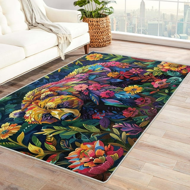 3 x 4 Rugs Bear Area Rug, Colorful Animal Carpet for Living Room Bedroom Wildlife Patterned Indoor Home Decor, Non Slip Soft & Low Pile Small Washable Rug ZH&259