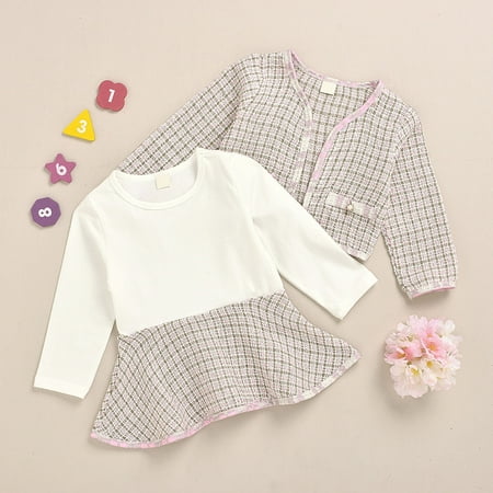 

jsaierl Toddler Kids Baby Girls Plaid Skirt Set Long Sleeve Jacket Coat Top Party Dress