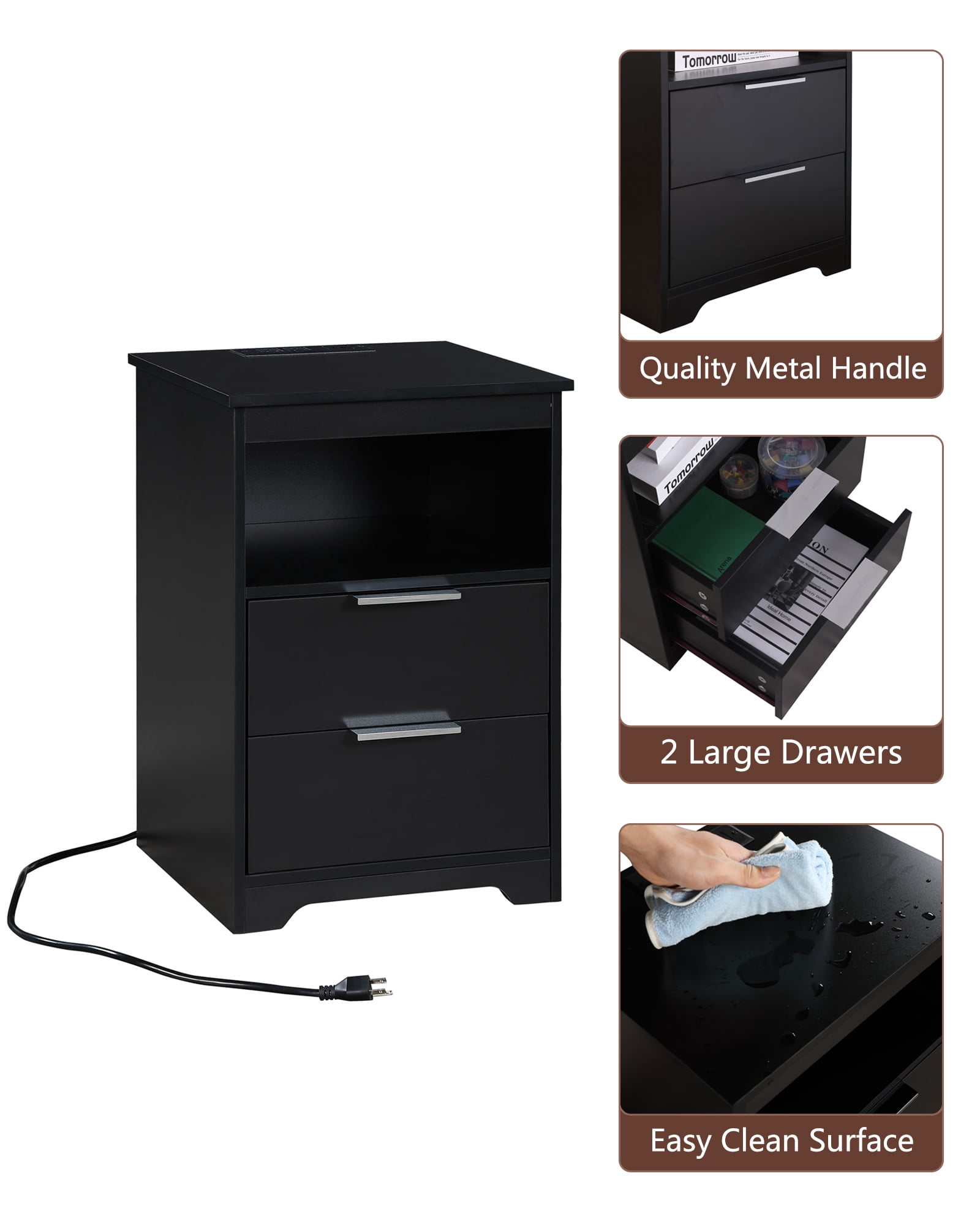 Nightstand with Charging Station,End Table with 2 Drawers,Wooden End Table with Drawer and Opening Shelf,Side Table for Bedroom, Black