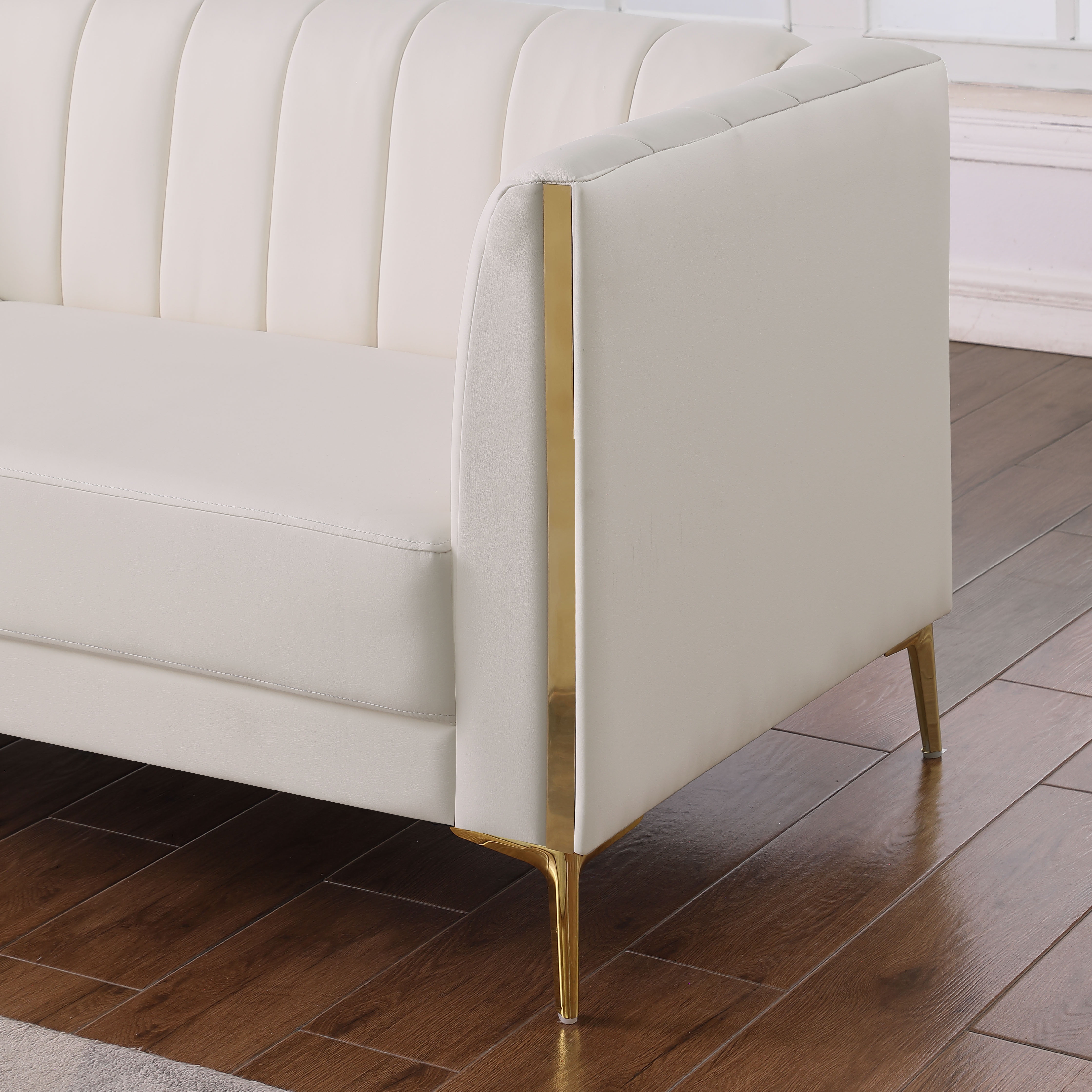 Homfa 77.6" 3 Seater Sofa, Modern PU Leather Couch with Golden Legs & Armrests & 2 Pillows for Business Office, Cream White