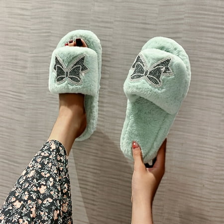

Women s Fashion Bowknot Rhinestone Plush Slippers Thick-soled Cotton Slippers