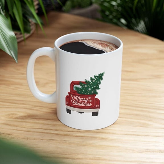 Red Truck with CH1Ristmas Tree Mug H1oliday Ceramic Coffee Cup