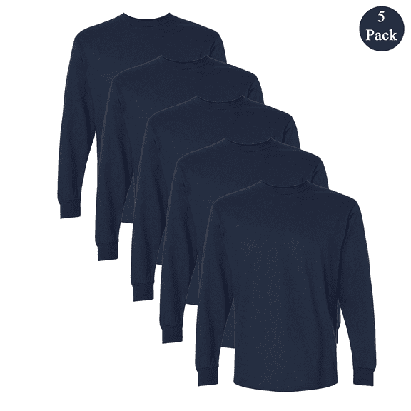 Gildan Men's Ultra Cotton Long Sleeve T-Shirt, Comfortable Crew Neck Navy color Bulk Tee 5-Pack, S
