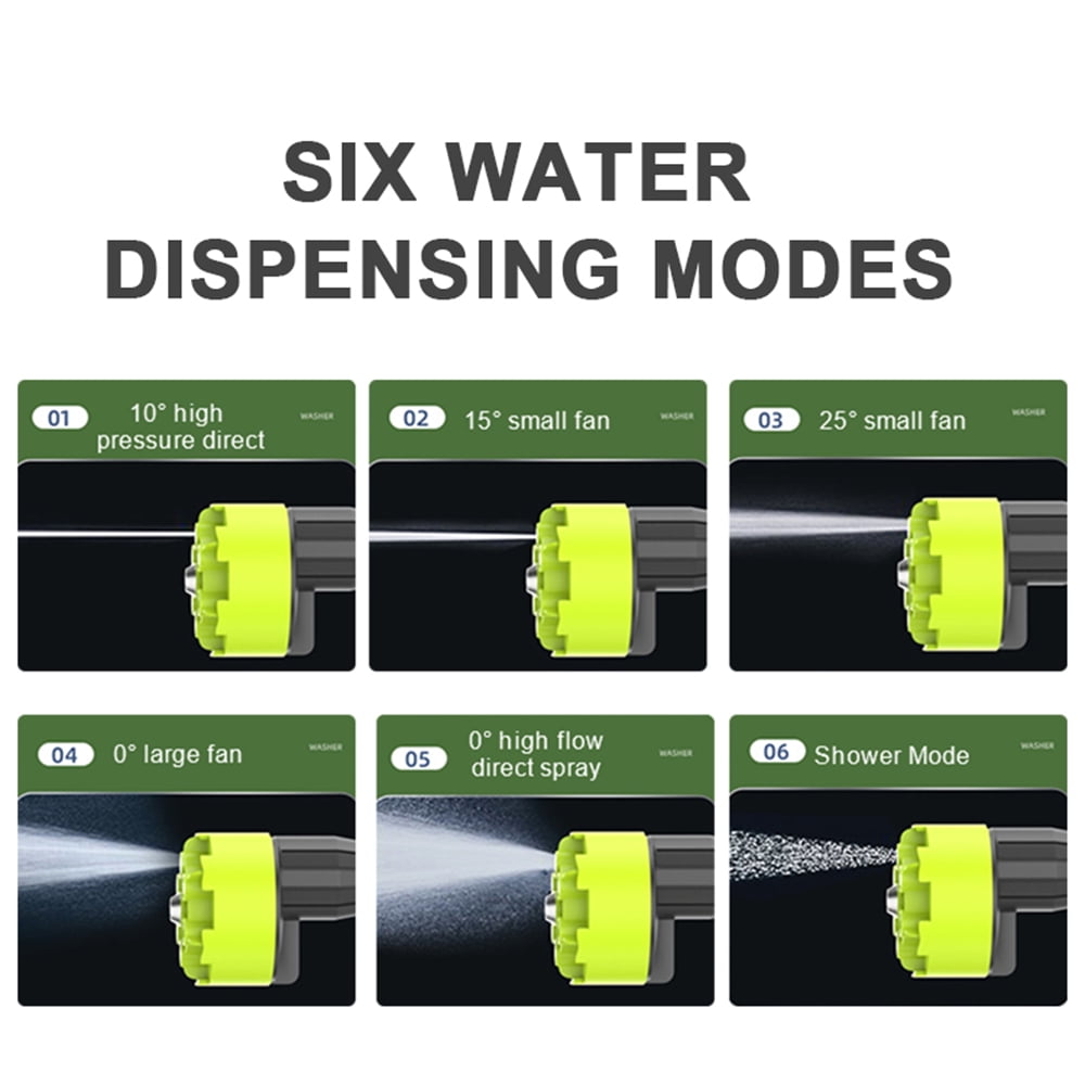 Jercoda Wireless High Pressure Car Wash, 30 Bar Washer with 6 IN 1 Nozzle and 5M Water Pipe, Portable Washer Machine with 3000mAh Battery, Green