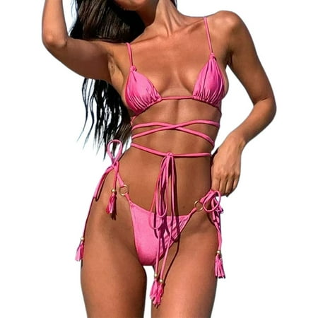JIANJIA Womens Swimsuits Solid Color Sexy Bandage Lace Up Halter Brassiere With Thongs Hollow Out Swimsuit Two Piece Bikinis Swimwears Holiday Wear Pink Xl
