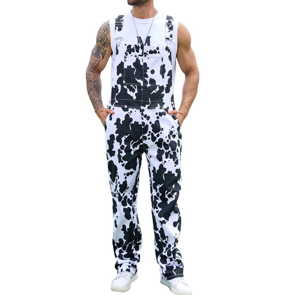 Cow Print Overalls for Men Fashion Animal Pants Cute Jumpsuit Bibs Coveralls(Black and White Cow,L)