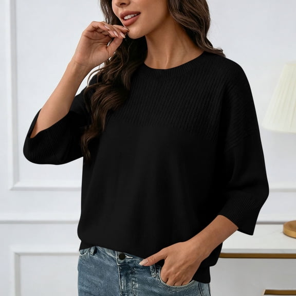 thefmos Women's Fall Winter 3/4 Sleeve Crewneck Knitted Pullover Tops Solid Loose Casual Basic Tops Cozy Fashion Clothes, Black M