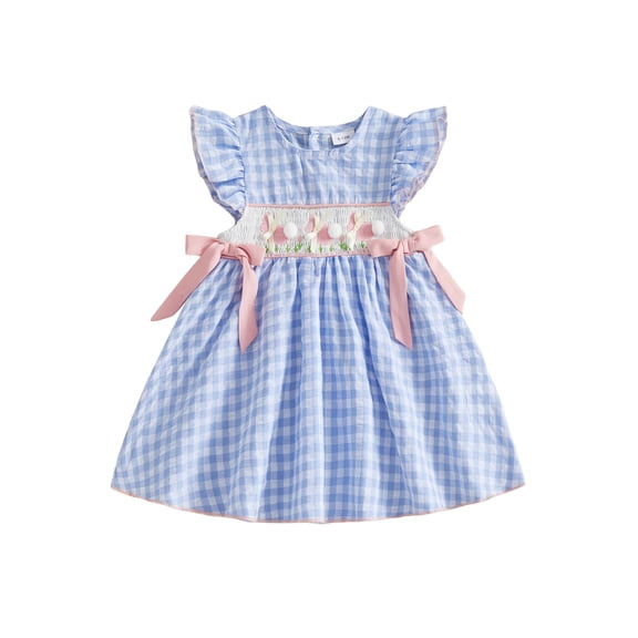 Toddler Baby Girl Easter Outfit Rabbit Embroidery Fly Sleeve Crewneck Smocked Dresses Bowknot Plaid A-line Dress Cute Summer Clothes 6M-5T