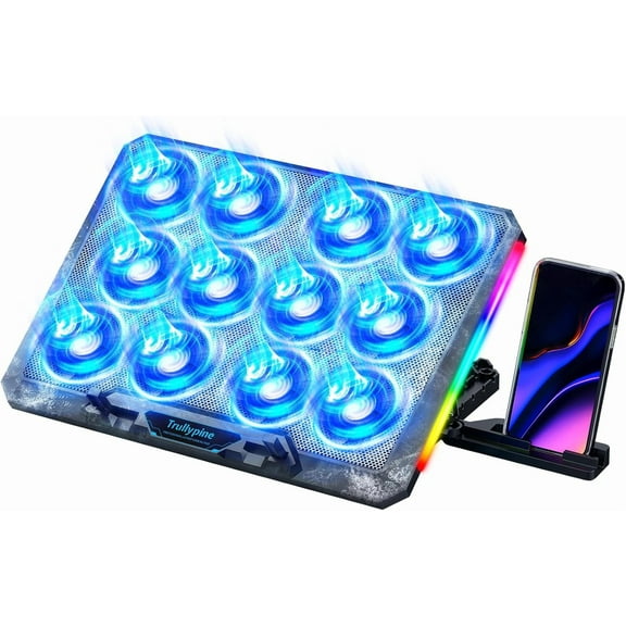 Laptop Cooling Pad with 12 Quiet Fans, Slim Portable for 12-17.3 Inch Laptop Cooler Stand with 5 Height Adjustable, Ergonomic Gaming Cooling Fan Pad with Two USB Ports & Phone Holder (Gear)