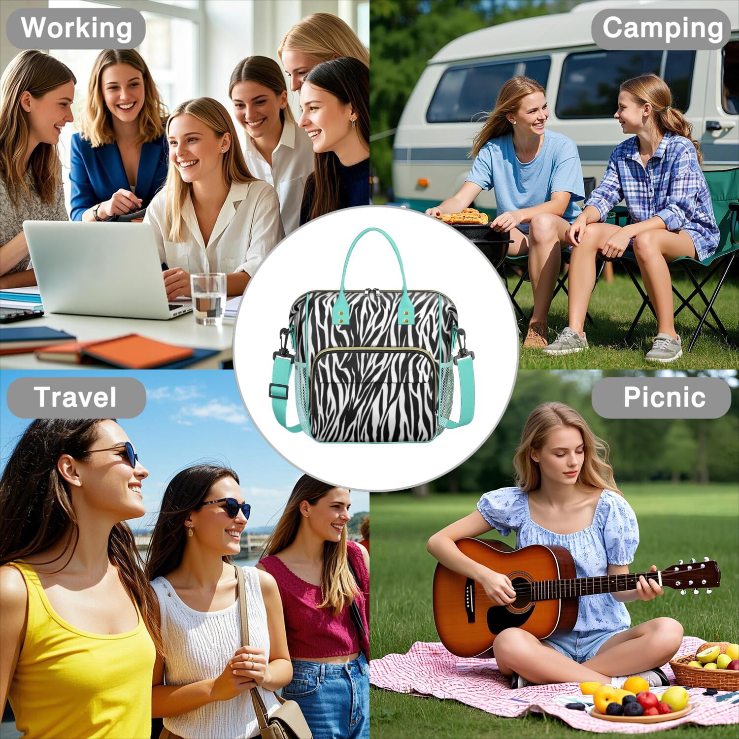 Zebra Stripes Aesthetic Lunch Box – Black & White Abstract Zebra Print Insulated Cooler Bag Leakproof Reusable Tote with Strap for Office Beach or Gift
