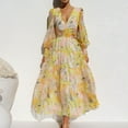 thumbnail image 3 of Lovskoo 2024 Women's Boho Floral Print Ruffle Long Puff Sleeve Deep V Neck Casual Chiffon Tiered Flowy Swing Party Long Maxi Dress Yellow L, 3 of 9
