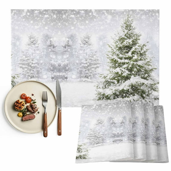 Winter Snowy Forest Placemats Set of 6, Christmas Tree Themed Table Mats Washable Heat-Insulation Non-Slip Place Mats for Kitchen Dinner Table Indoor Outdoor Decor,13x19 Inch