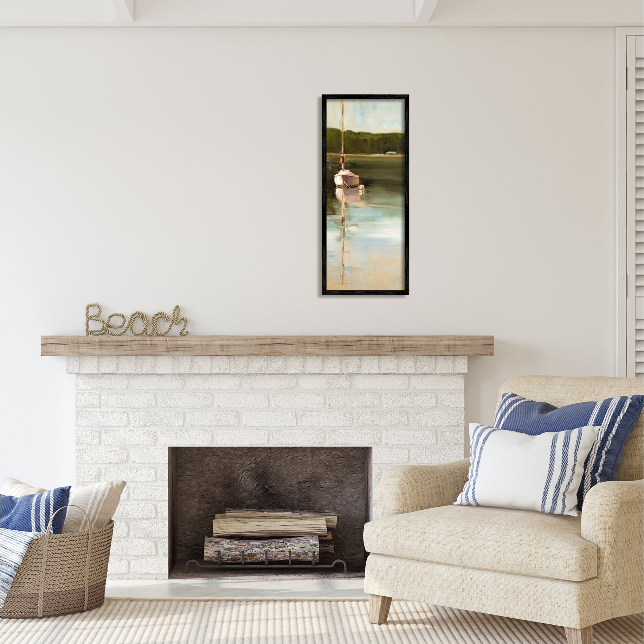 Stupell Industries Boat Reflection Painting Transportation Painting Black Framed Art Print Wall Art, 13 x 30