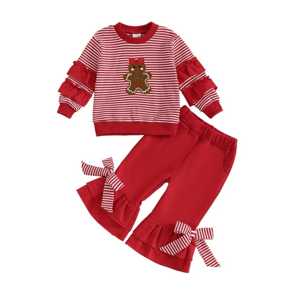 Toddler Baby Girl Christmas Outfits Stripe Print Ruffled Trim Long Sleeve Sweatshirt Bow Flare Pants 1-6 Years Kids Girl Fall Clothes Set