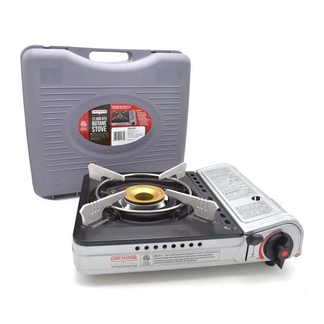 Chef Master 12,000 BTU Portable Butane Stove - Gas Burner for Camping & Outdoor Cooking - Countertop Cooktop with Carry Case, Wind Guard & Electronic