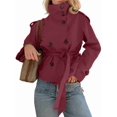 thumbnail image 2 of Women'S Trench Double Breasted Short Jacket High Collar Fall Winter Coats Trendy Outfit with Belt Wine Red S, 2 of 9