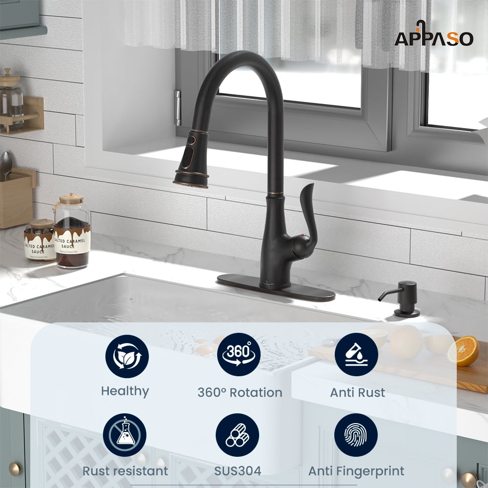 APPASO Oil Rubbed Bronze Kitchen Faucet, Stainless Steel Oil Rubbed Bronze High Arc Pull Out Kitchen Sink Faucets with Deck Plate and Soap Dispenser