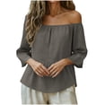 thumbnail image 5 of XUNKUSGA Cotton Linen Womens Tops Loose Cute Babydoll 3/4 Length Sleeve Ruffle Hem Womens Tops Casual Soild Color Boho Peplum Tops for Women,Gray,2XL, 5 of 10
