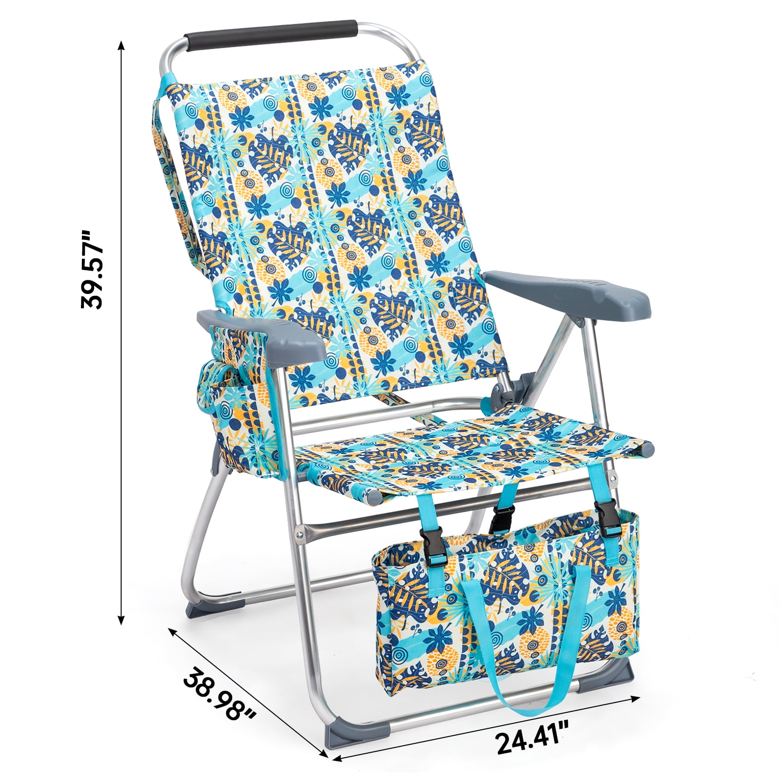 17" High Seat Folding Beach Chair, 7 Position Adjustable Recline Lounge Chair with Padded Headrest, Aluminum Frame Supports 265lbs with Cup Holder Side Pocket & Detachable Storage Tote