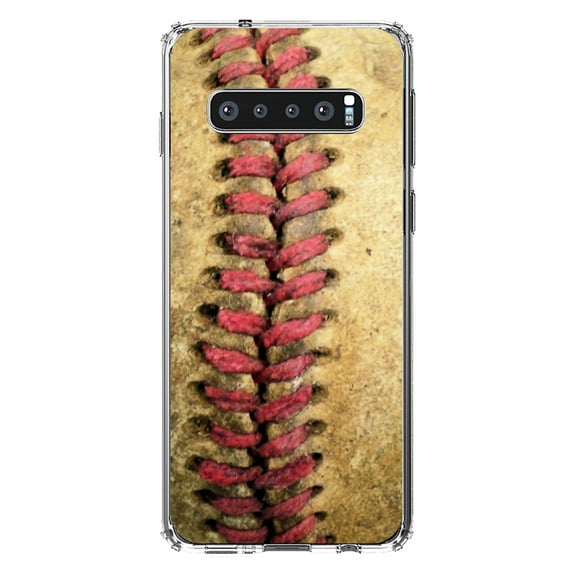 DistinctInk Clear Shockproof Hybrid Case for Samsung Galaxy S10 (6.1" Screen) - TPU Bumper, Acrylic Back, Tempered Glass Screen Protector - Old Baseball Stitch - Baseball
