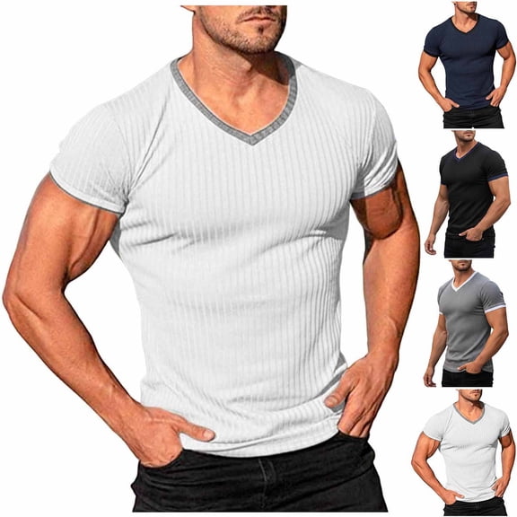 IhhxPro Men's Knit V-Neck Fitness Tee Quick Dry Stretchable Ribbed Workout Shirt Athletic Gym Activewear Slim Fit Casual Summer Training Top S-3XL
